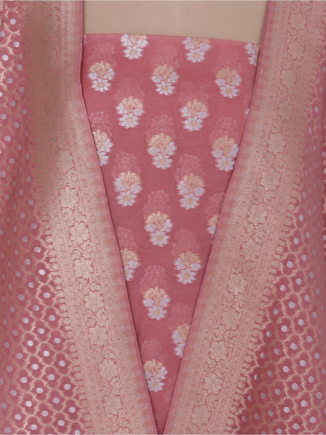 Colour: Muted rose pink with gold and silver-toned zari Chiniya Silk Banarasi suit sleeve detail