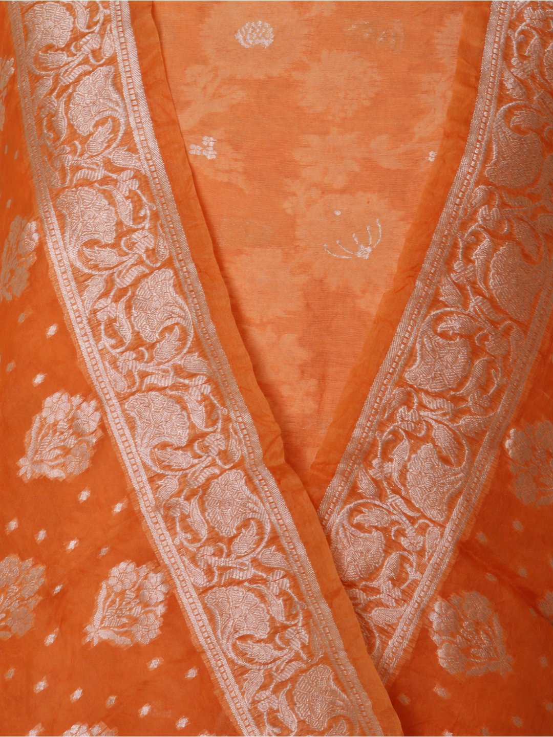 Warm orange with light gold-toned zari work. Chanderi suit Banarasi suit neckline detail