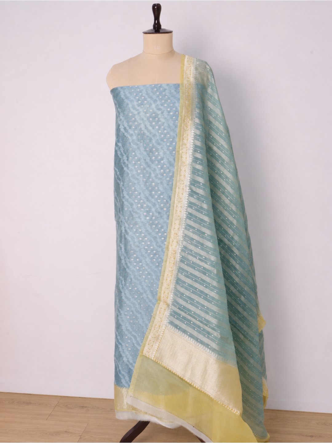 Powder blue with pale yellow borders Chanderi Banarasi suit front drape view