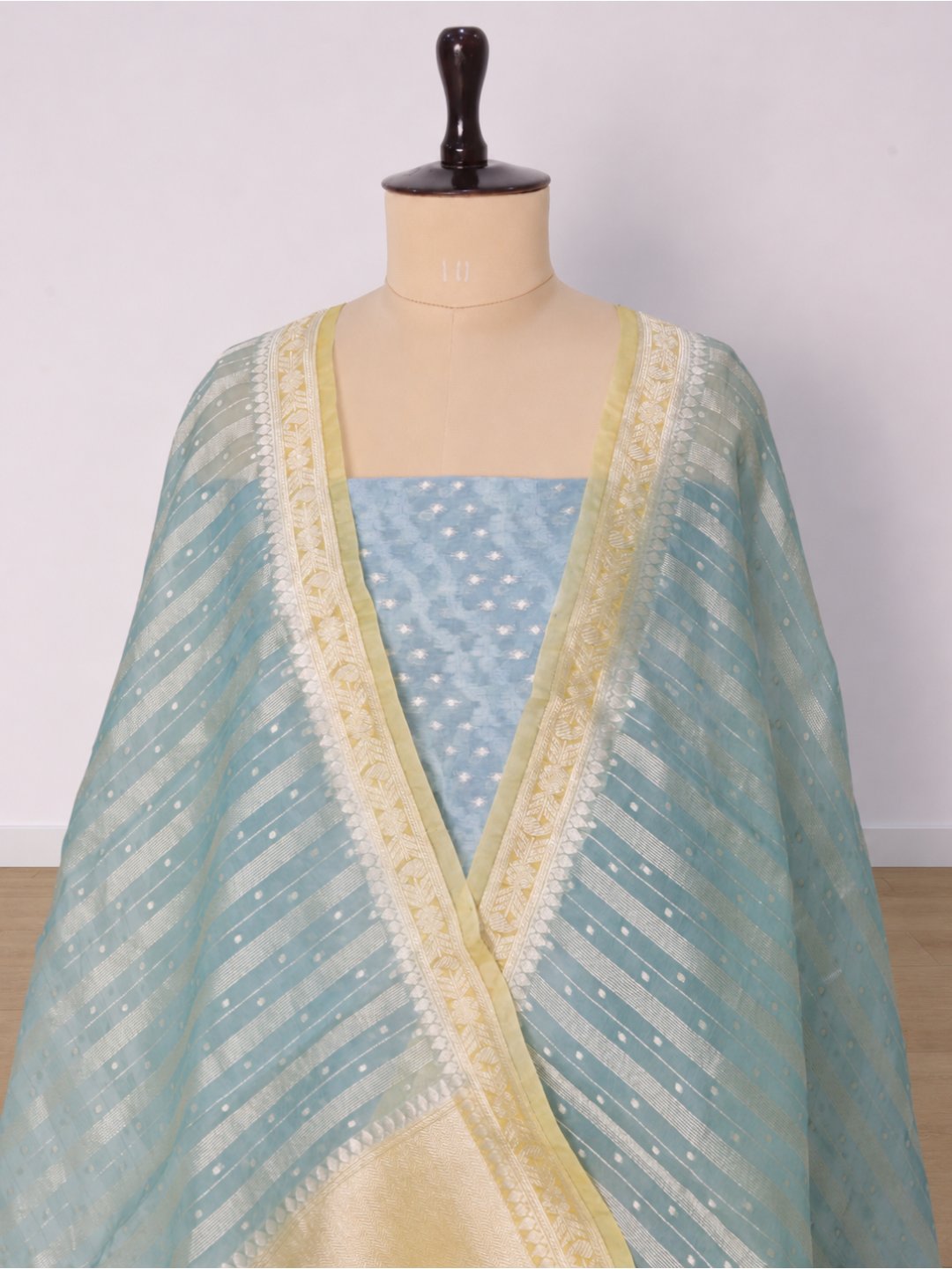 Powder blue with pale yellow borders Chanderi Banarasi suit sleeve detail
