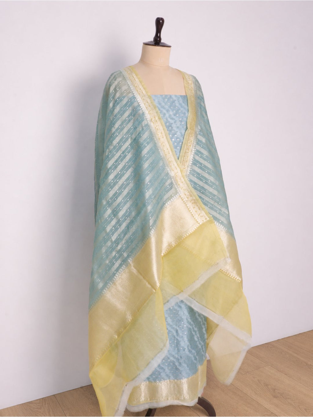 Powder blue with pale yellow borders Chanderi Banarasi suit bottom detail