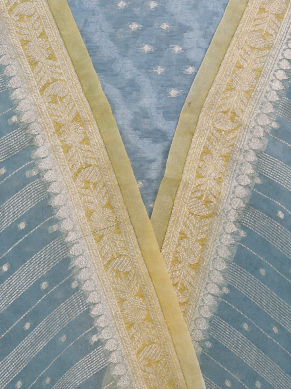 Powder blue with pale yellow borders Chanderi Banarasi suit dupatta detail