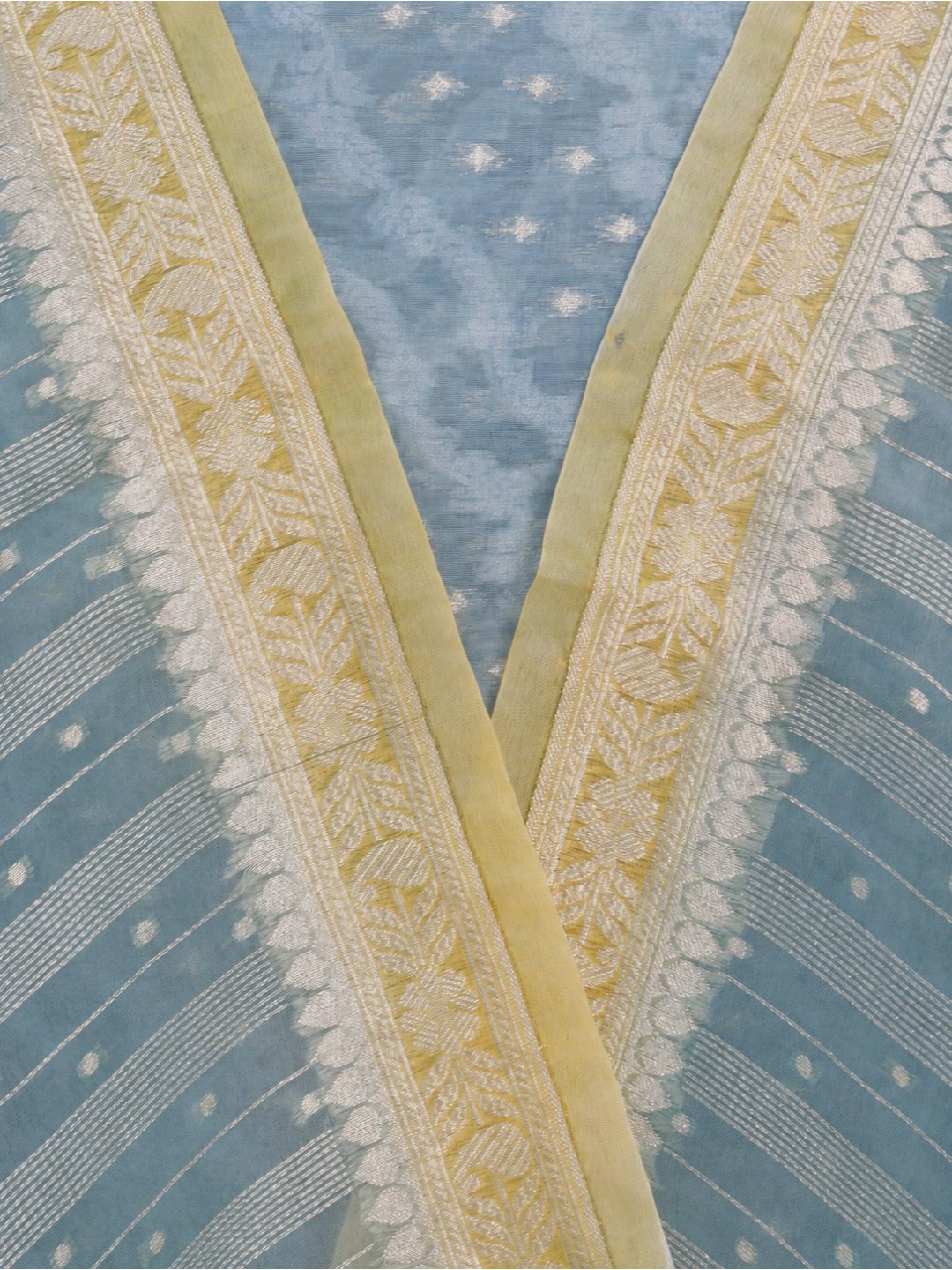 Powder blue with pale yellow borders Chanderi Banarasi suit dupatta detail
