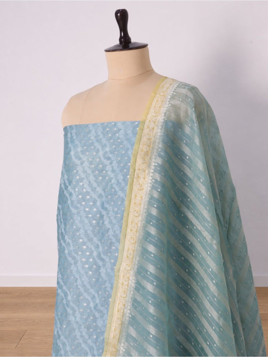 Powder blue with pale yellow borders Chanderi Banarasi suit texture detail