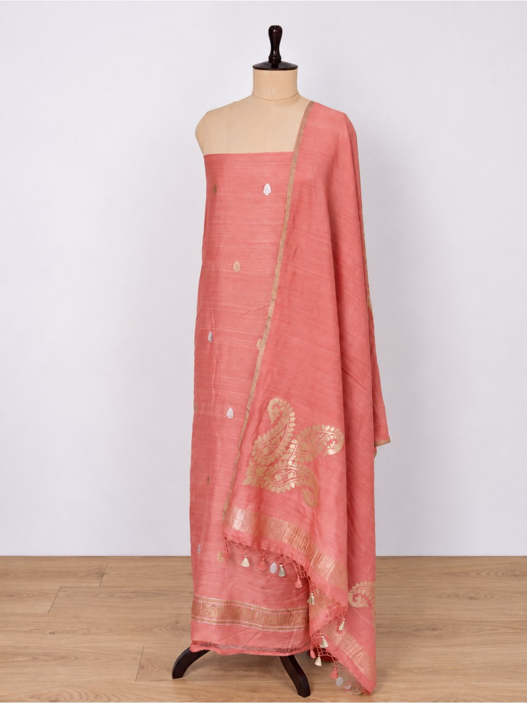 Peach pink with gold and silver-toned Moonga Silk Banarasi suit front drape view