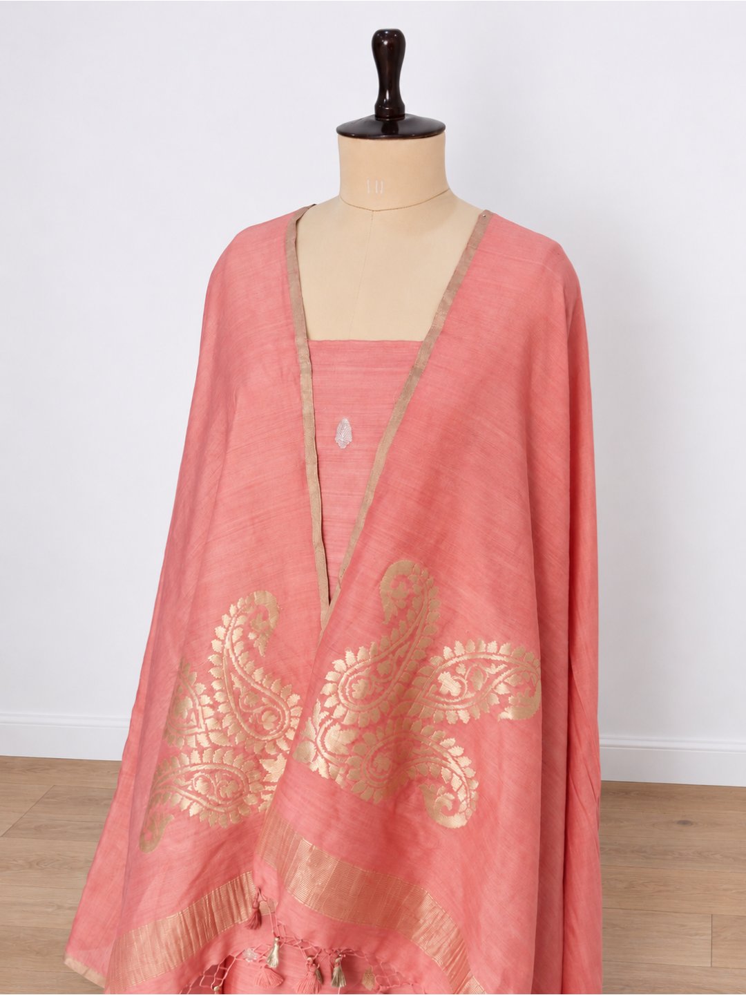 Peach pink with gold and silver-toned Moonga Silk Banarasi suit sleeve detail