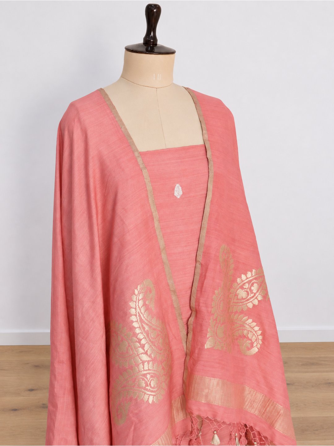 Peach pink with gold and silver-toned Moonga Silk Banarasi suit bottom detail