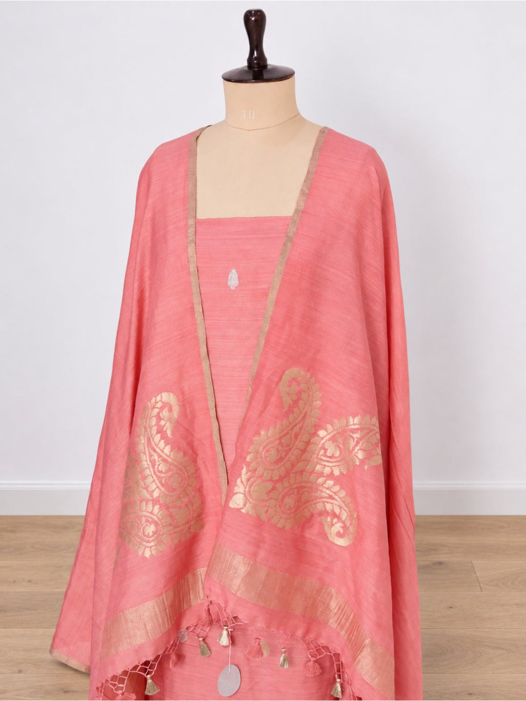 Peach pink with gold and silver-toned Moonga Silk Banarasi suit dupatta detail