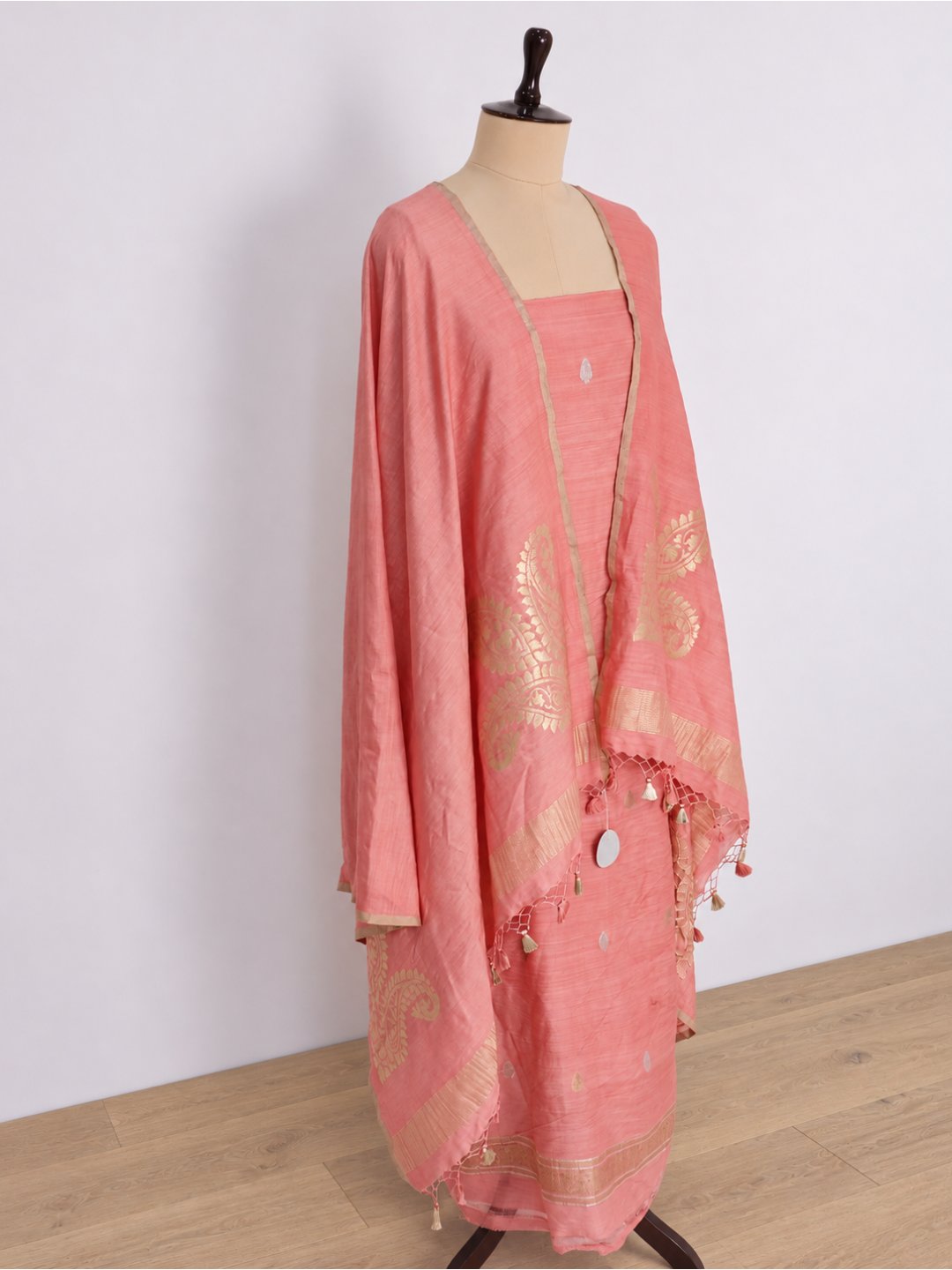 Peach pink with gold and silver-toned Moonga Silk Banarasi suit neckline detail