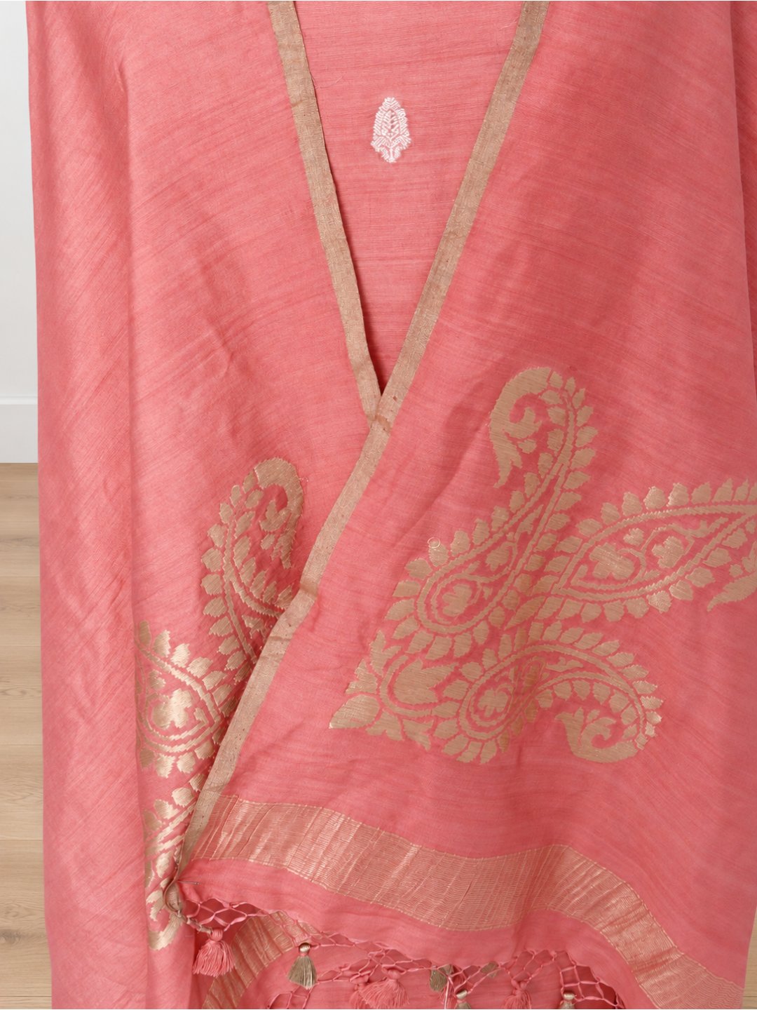 Peach pink with gold and silver-toned Moonga Silk Banarasi suit border closeup