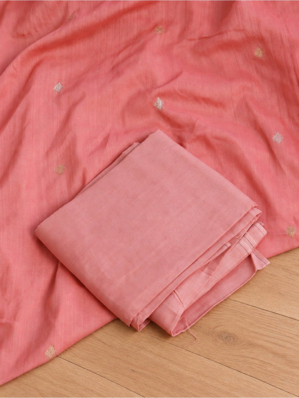 Peach pink with gold and silver-toned Moonga Silk Banarasi suit texture detail