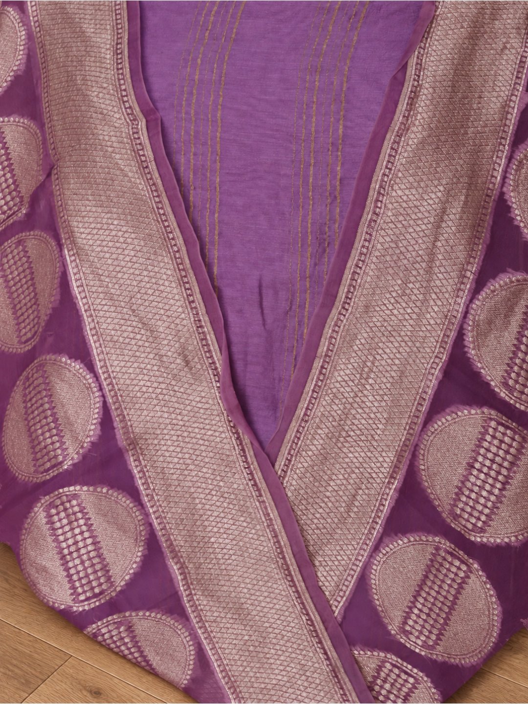 Lavender with light zari work Chanderi silk suit Banarasi suit dupatta detail