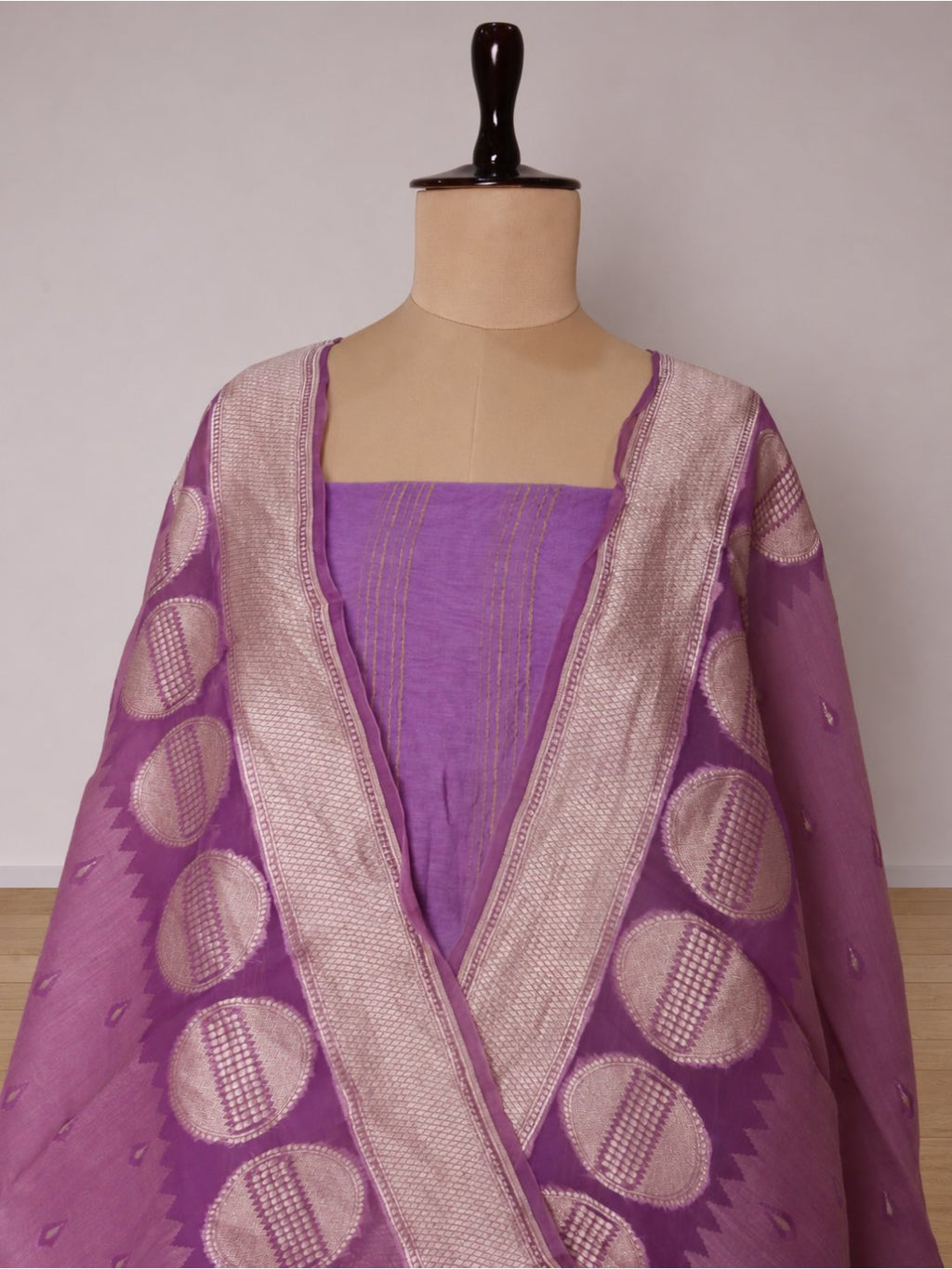 Lavender with light zari work Chanderi silk suit Banarasi suit neckline detail