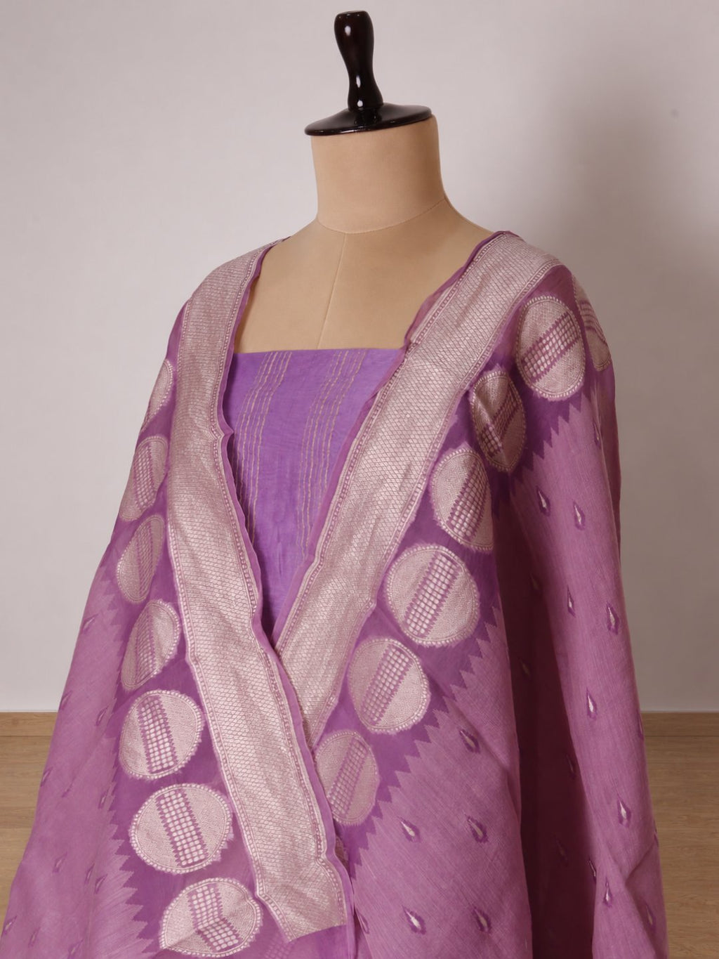 Lavender with light zari work Chanderi silk suit Banarasi suit border closeup