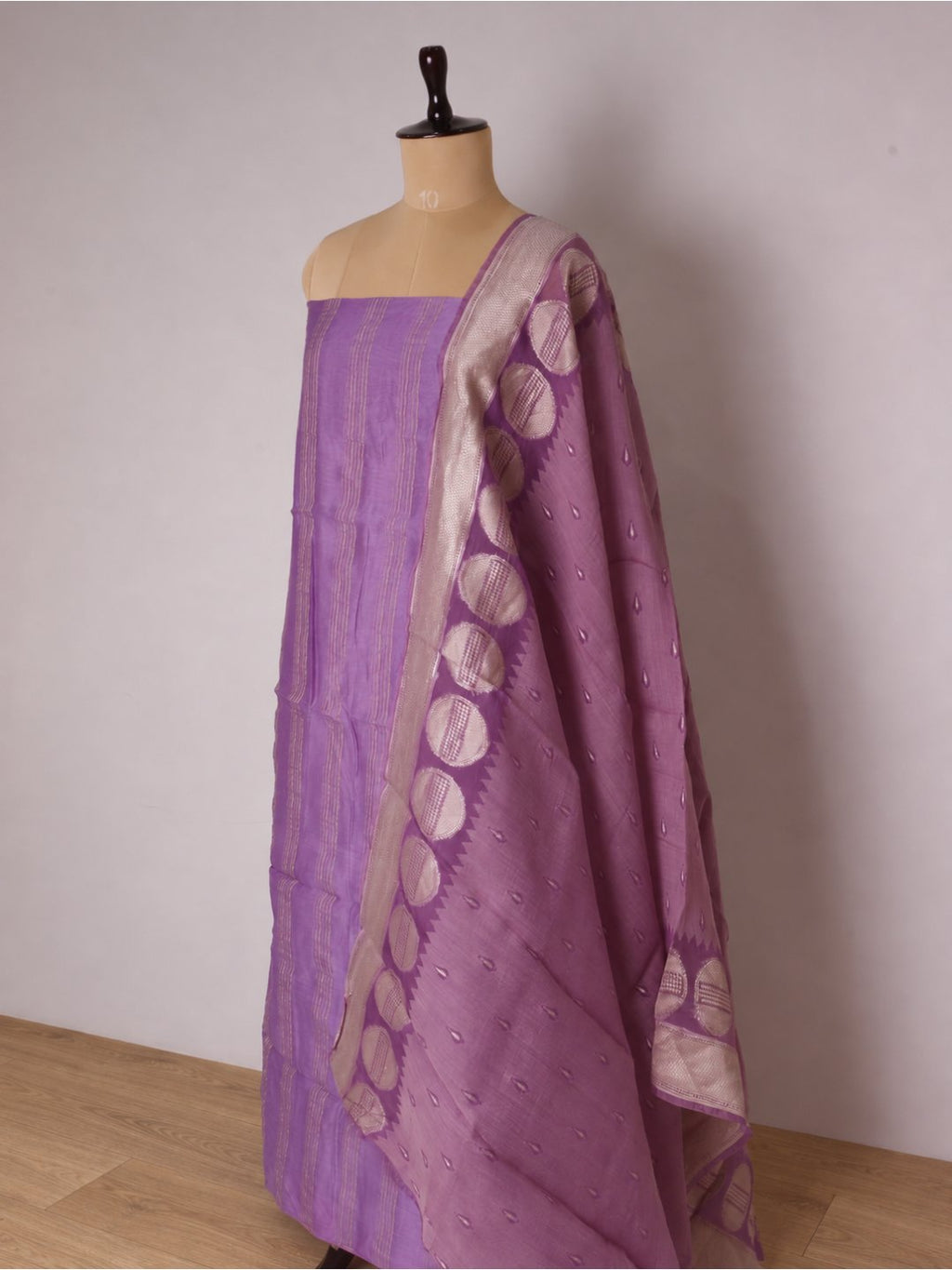 Lavender with light zari work Chanderi silk suit Banarasi suit front drape view