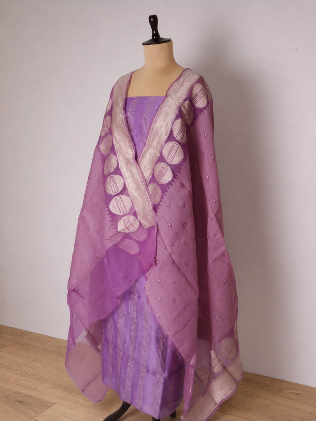 Lavender with light zari work Chanderi silk suit Banarasi suit texture detail