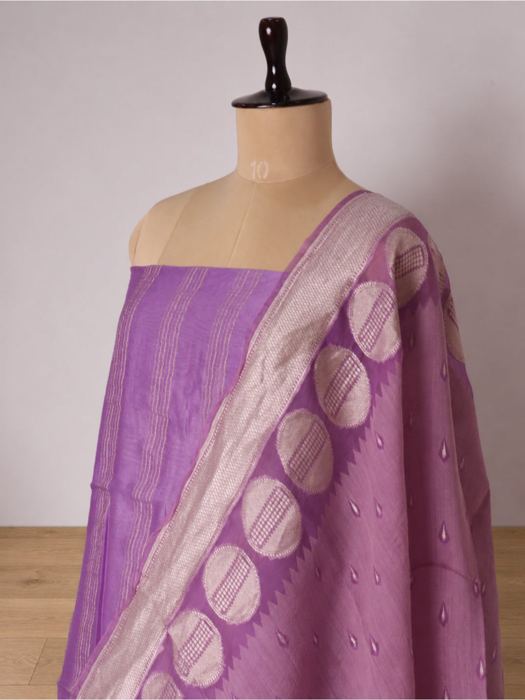 Lavender with light zari work Chanderi silk suit Banarasi suit front drape view