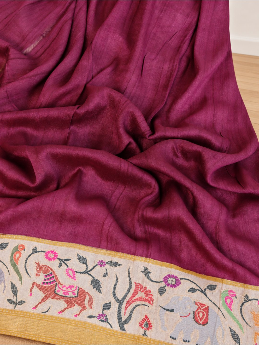 Deep wine body with a cream border, mustard-gold bands and multicoloured detailing Tussar Silk Banarasi saree blouse piece