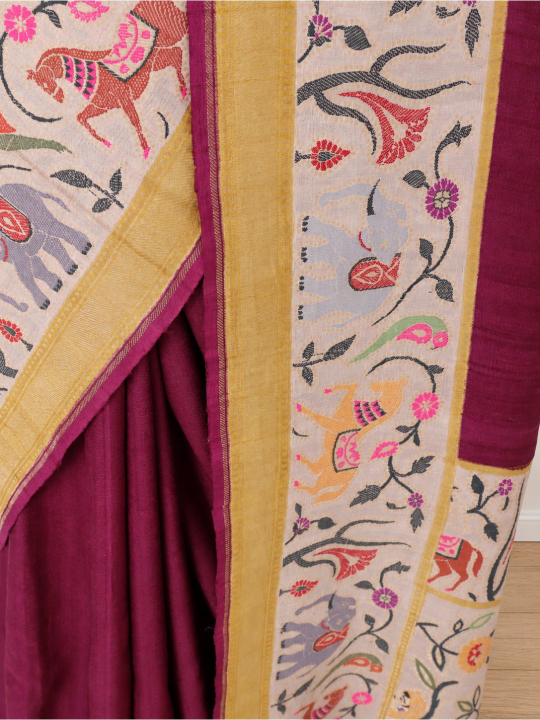 Deep wine body with a cream border, mustard-gold bands and multicoloured detailing Tussar Silk Banarasi saree full spread