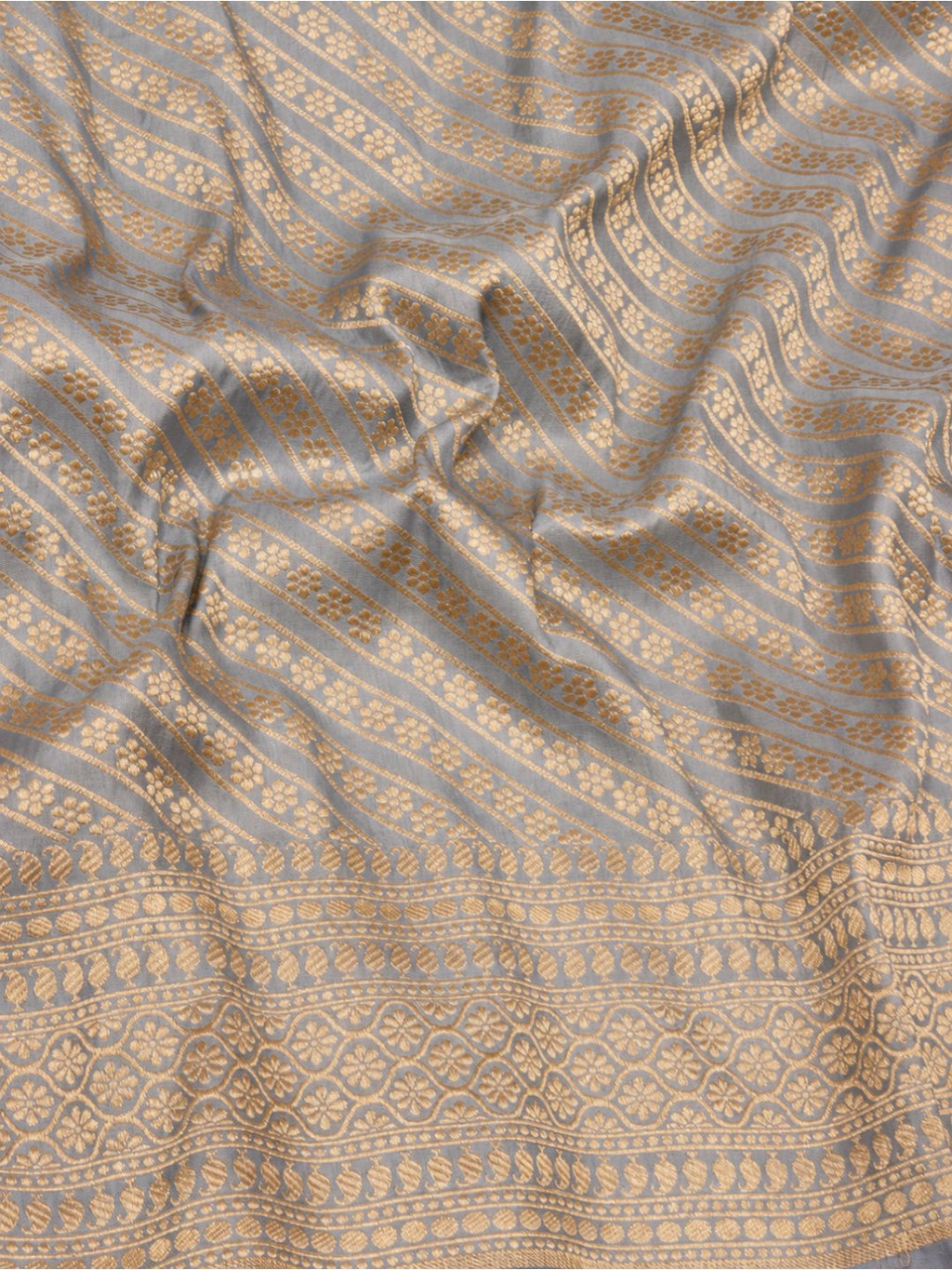 Silvery blue-grey with gold-toned Katan Brocade Saree Banarasi saree front drape view