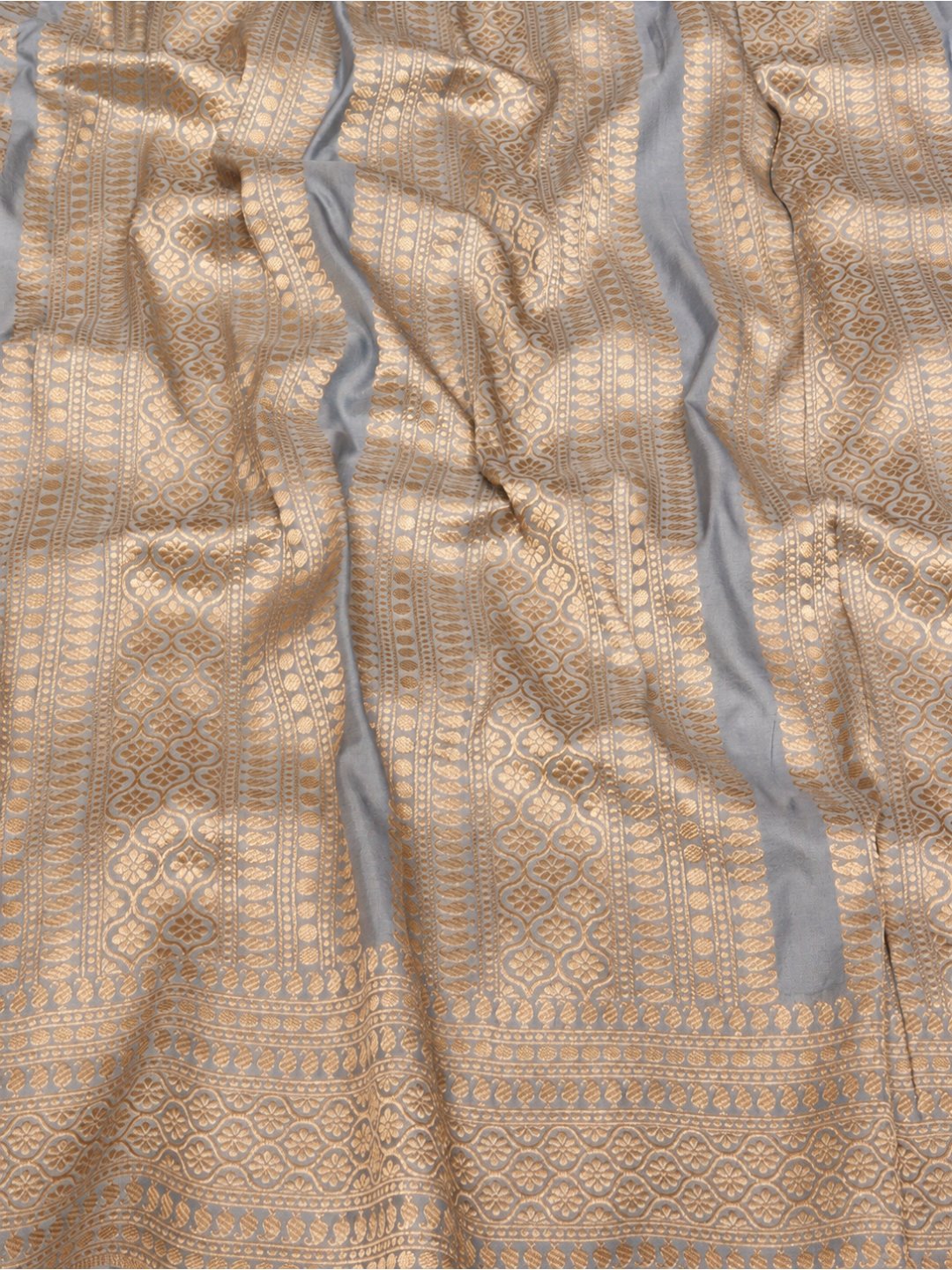 Silvery blue-grey with gold-toned Katan Brocade Saree Banarasi saree pallu detail