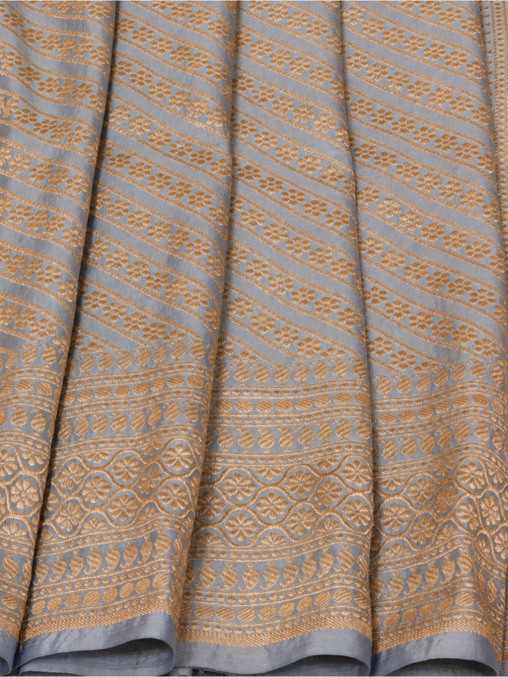 Silvery blue-grey with gold-toned Katan Brocade Saree Banarasi saree border closeup