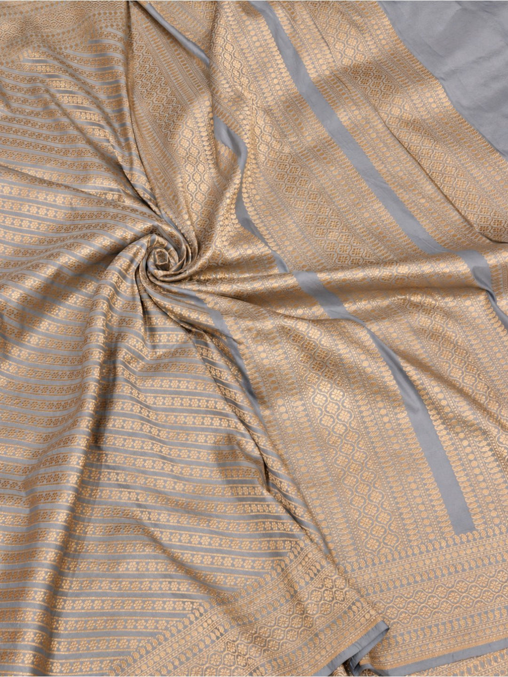 Silvery blue-grey with gold-toned Katan Brocade Saree Banarasi saree full spread