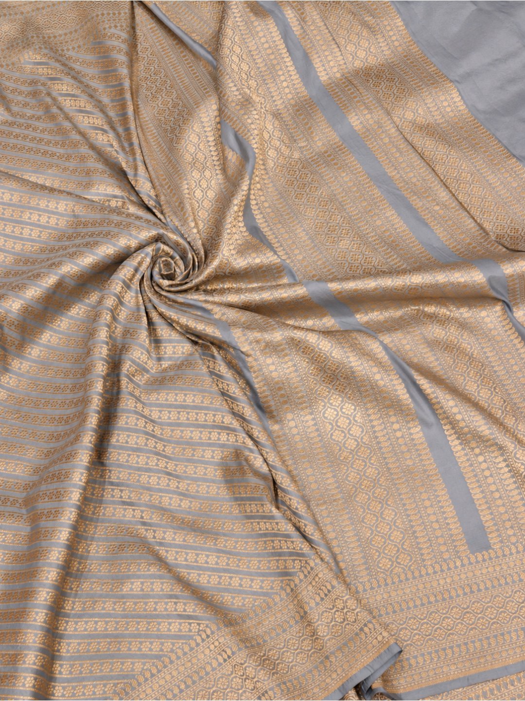 Silvery blue-grey with gold-toned Katan Brocade Saree Banarasi saree full spread