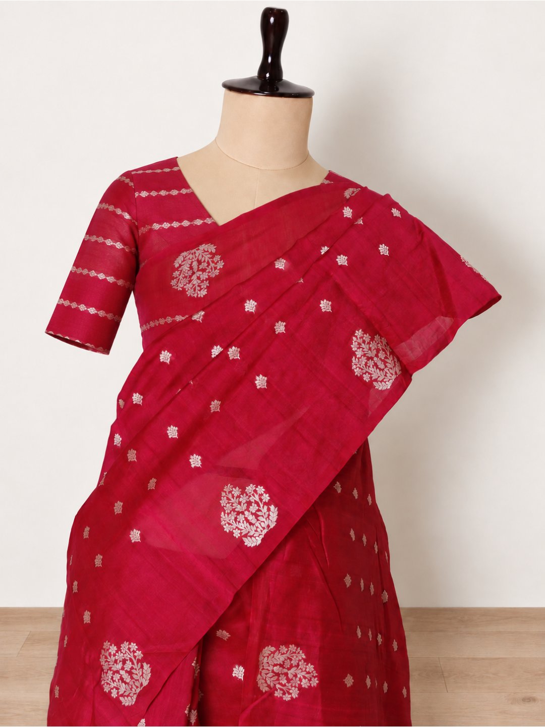 Rani pink with silver-toned TUSSAR LINEN Banarasi saree front drape view