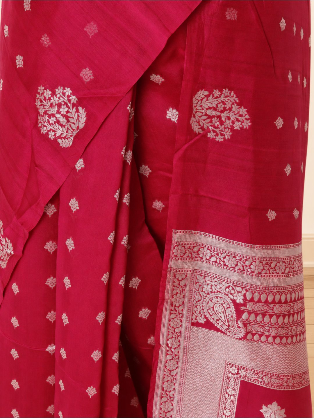 Rani pink with silver-toned TUSSAR LINEN Banarasi saree front drape view