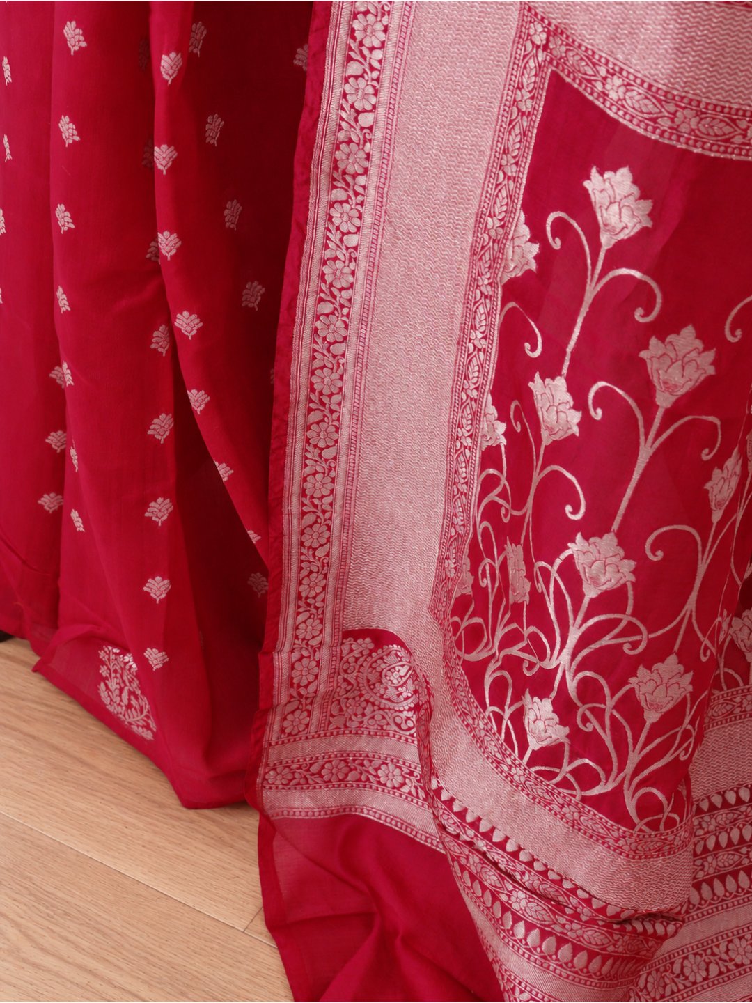 Rani pink with silver-toned TUSSAR LINEN Banarasi saree front drape view