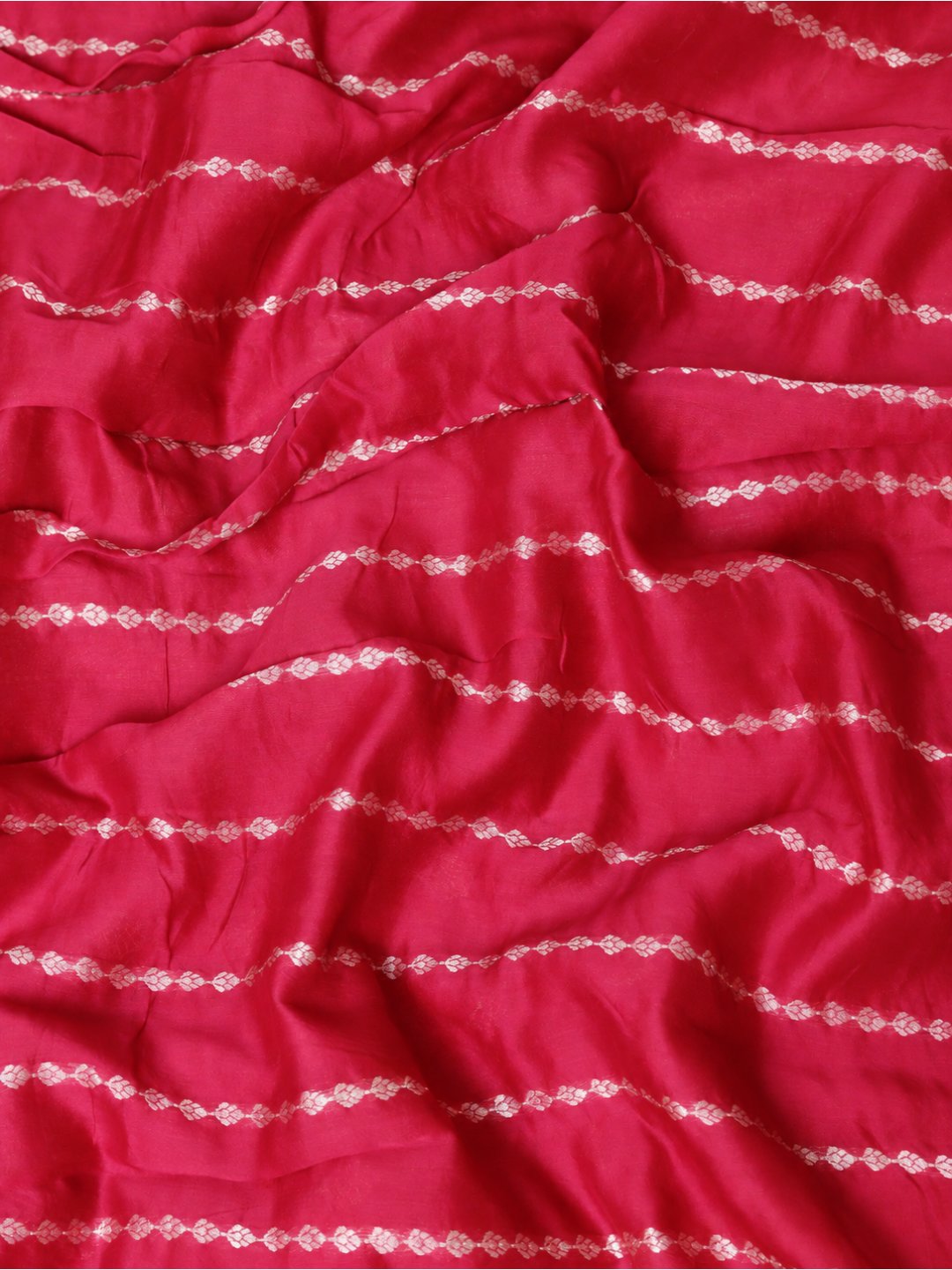 Rani pink with silver-toned TUSSAR LINEN Banarasi saree front drape view