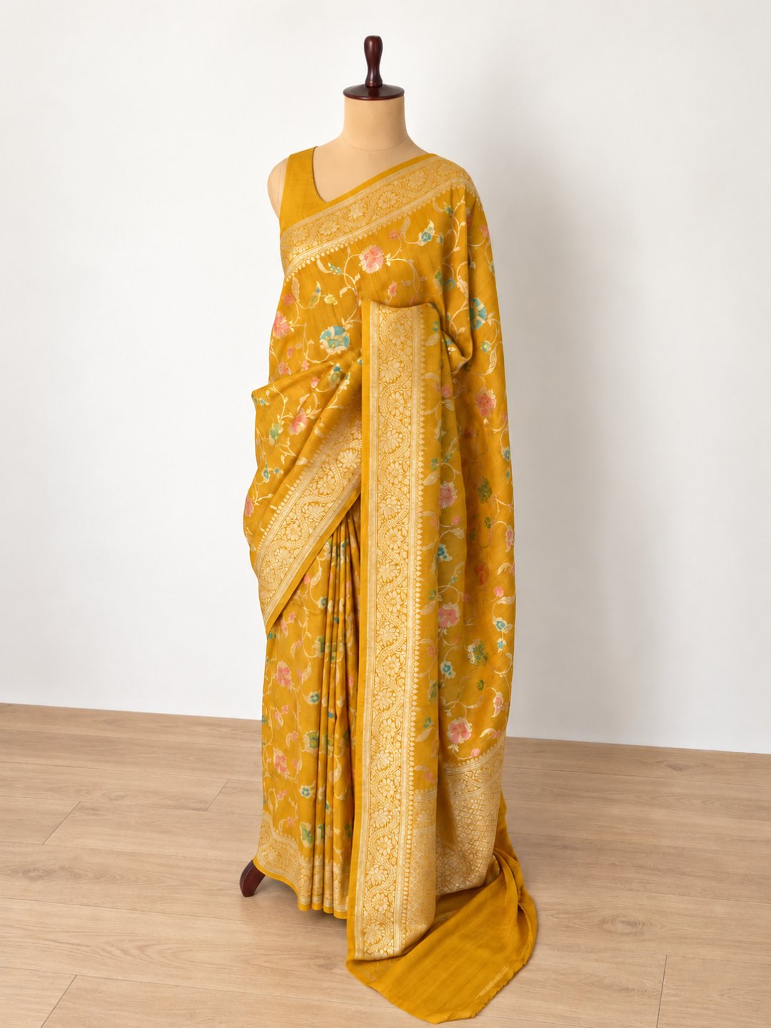 Mustard yellow with gold-toned zari and pastel pink, teal and green detailing Tussar Silk Banarasi saree blouse piece