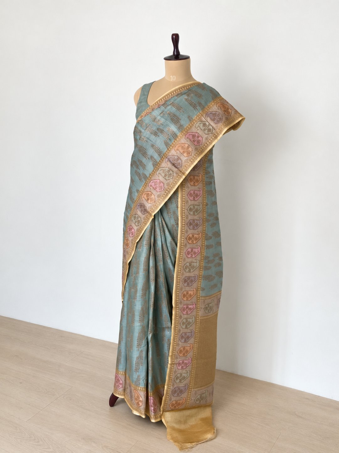 Sea blue with antique gold-toned Tussar Silk Banarasi saree front drape view