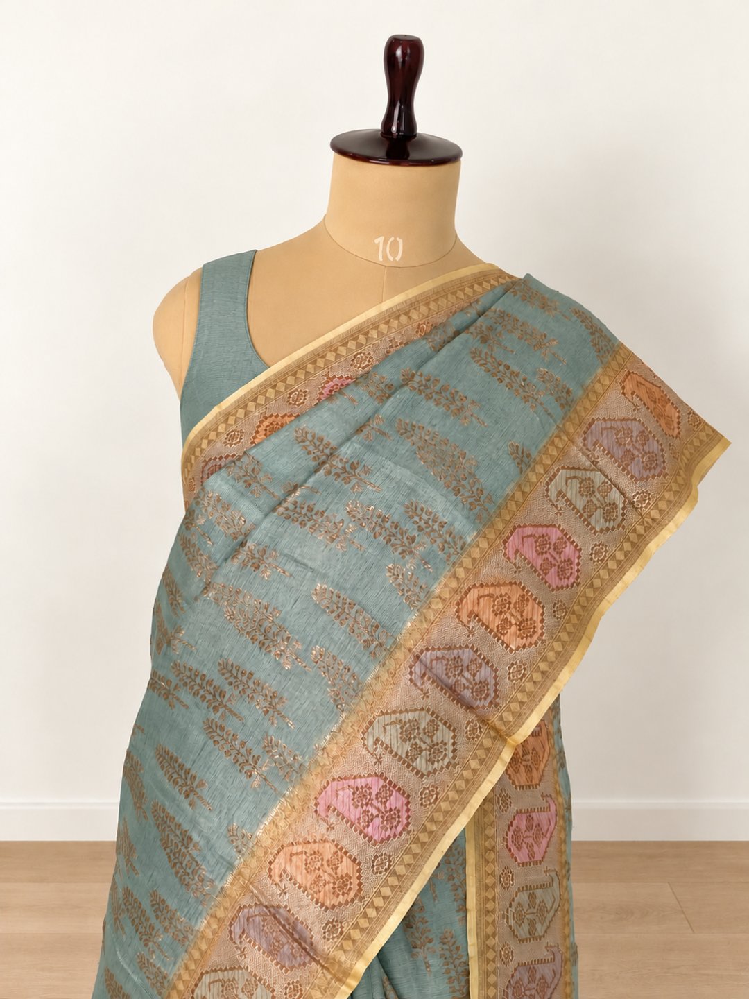 Sea blue with antique gold-toned Tussar Silk Banarasi saree front drape view