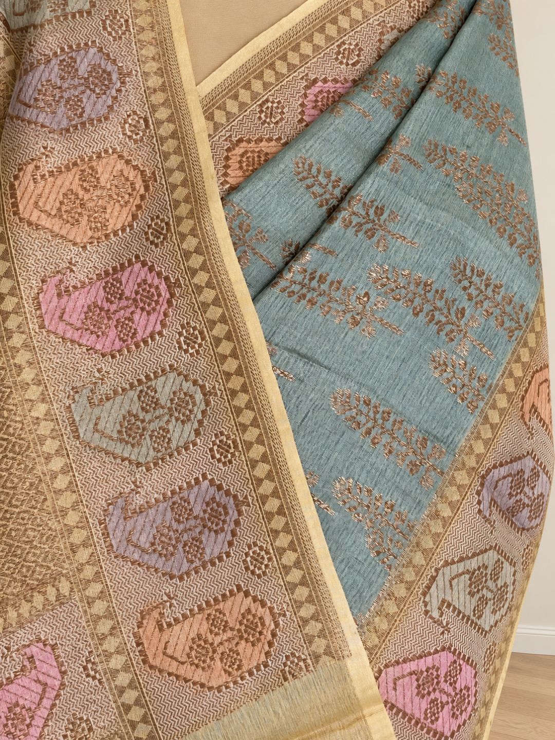 Sea blue with antique gold-toned Tussar Silk Banarasi saree front drape view
