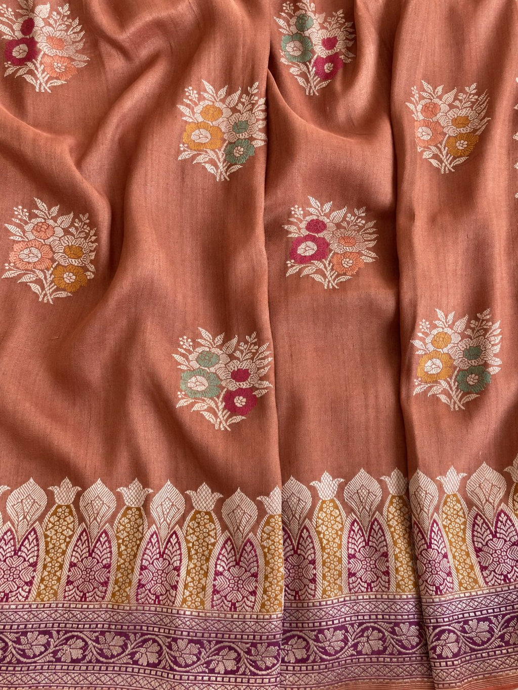 Warm copper-peach with zari detailing Tussar Silk Banarasi saree pallu detail
