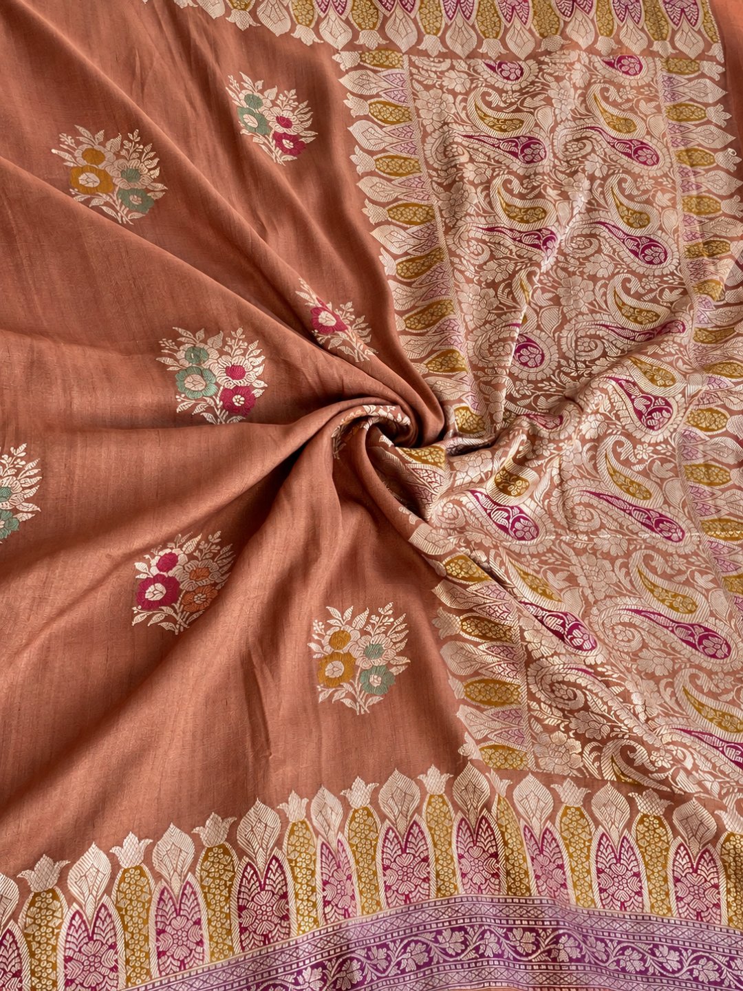 Warm copper-peach with zari detailing Tussar Silk Banarasi saree front drape view