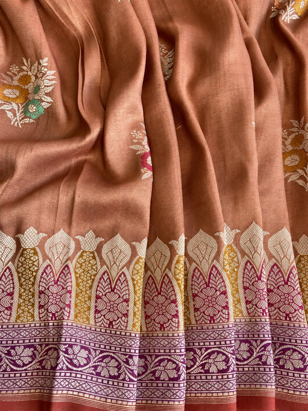 Warm copper-peach with zari detailing Tussar Silk Banarasi saree blouse piece