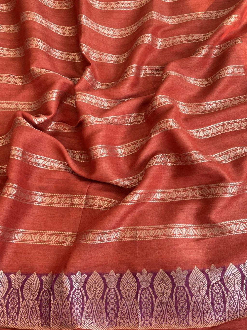 Warm copper-peach with zari detailing Tussar Silk Banarasi saree full spread