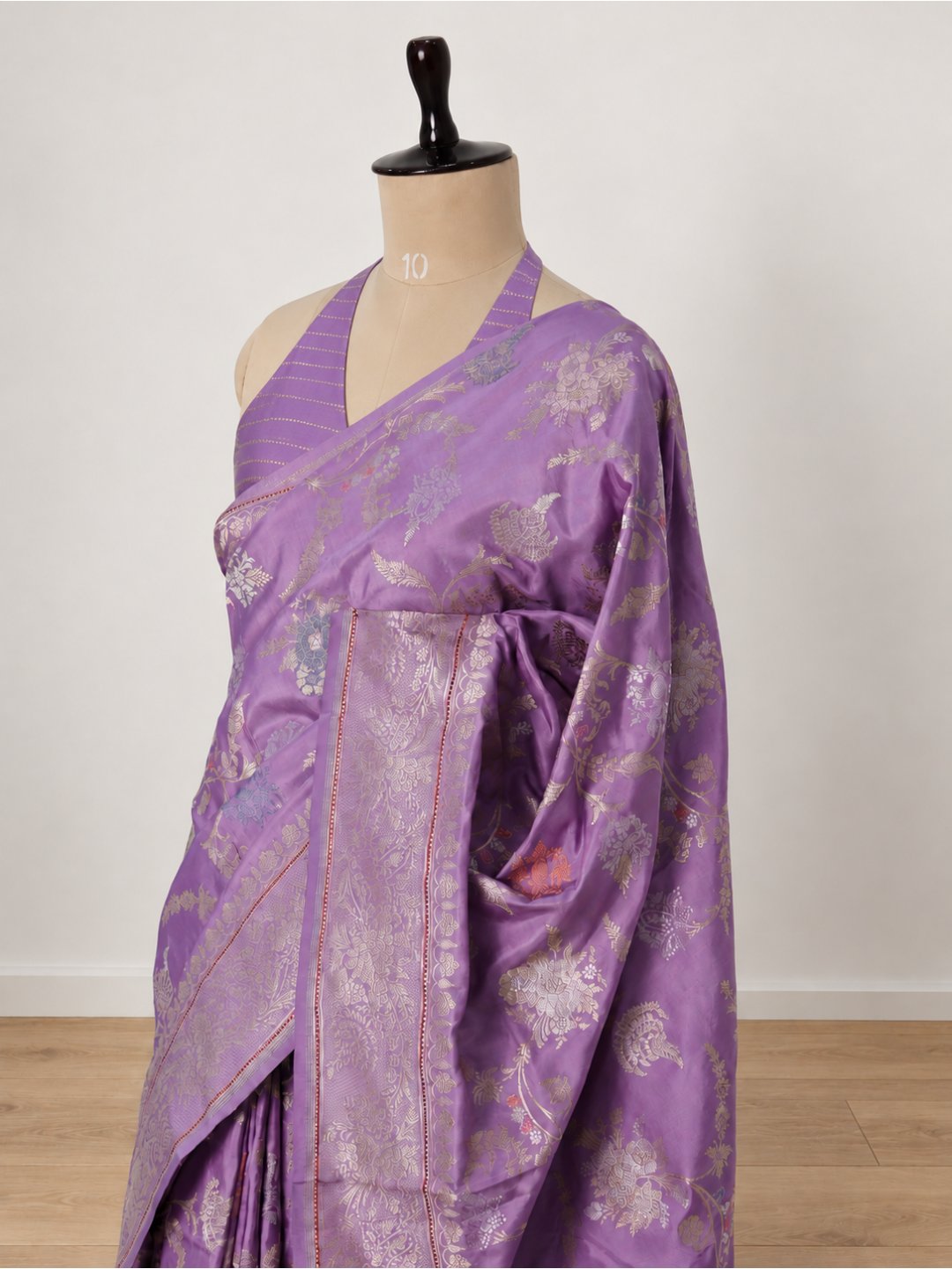 Lavender with soft gold detailing Katan Silk Banarasi saree front drape view