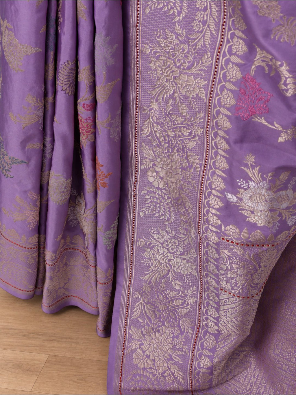 Lavender with soft gold detailing Katan Silk Banarasi saree zari work detail