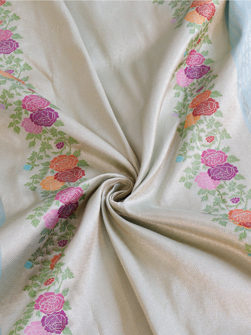 Powder aqua blue with a cream-gold border Katan Silk Banarasi saree blouse piece