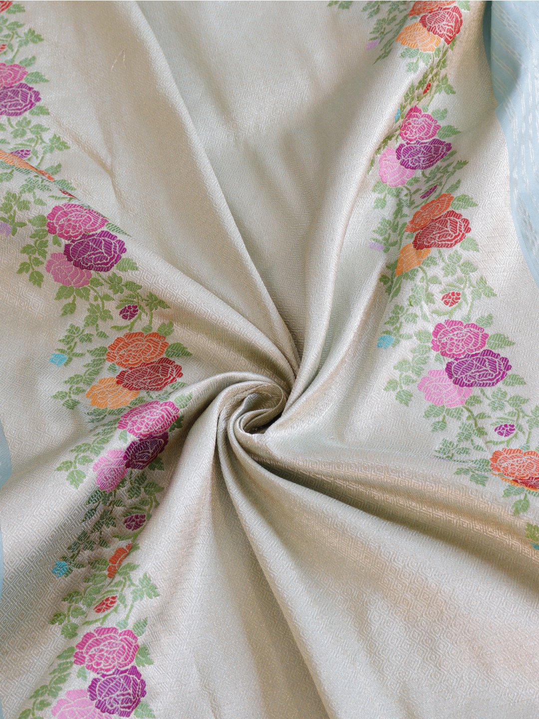 Powder aqua blue with a cream-gold border Katan Silk Banarasi saree blouse piece