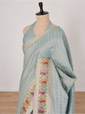 Powder aqua blue with a cream-gold border Katan Silk Banarasi saree front drape view