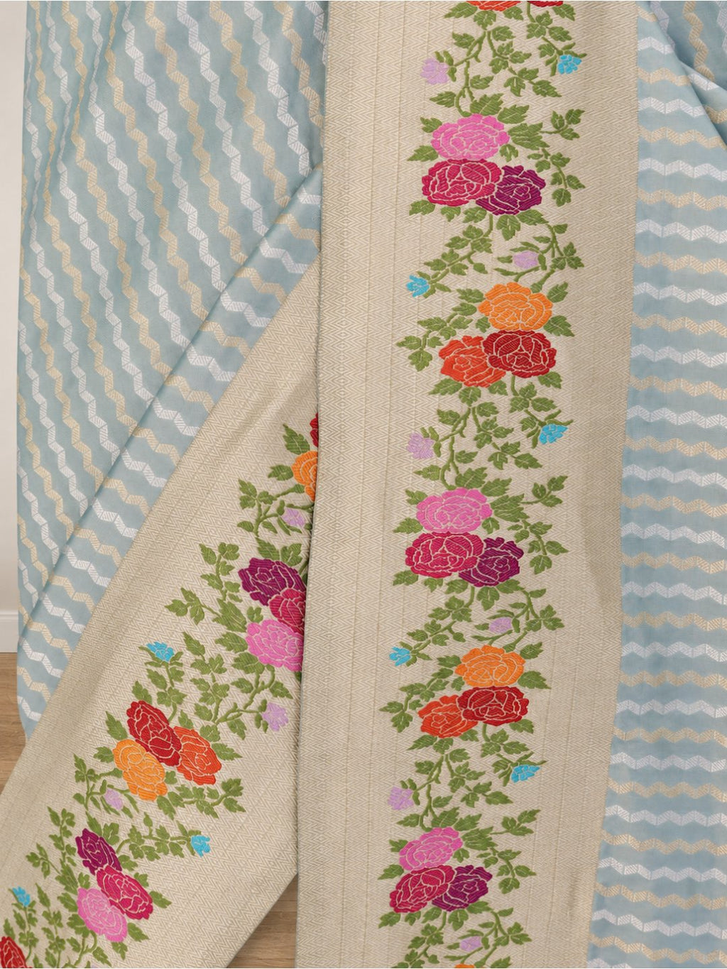 Powder aqua blue with a cream-gold border Katan Silk Banarasi saree border closeup