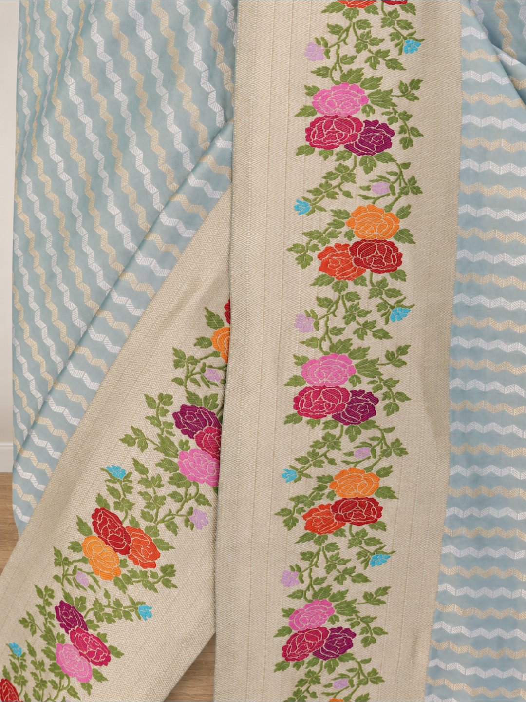 Powder aqua blue with a cream-gold border Katan Silk Banarasi saree full spread