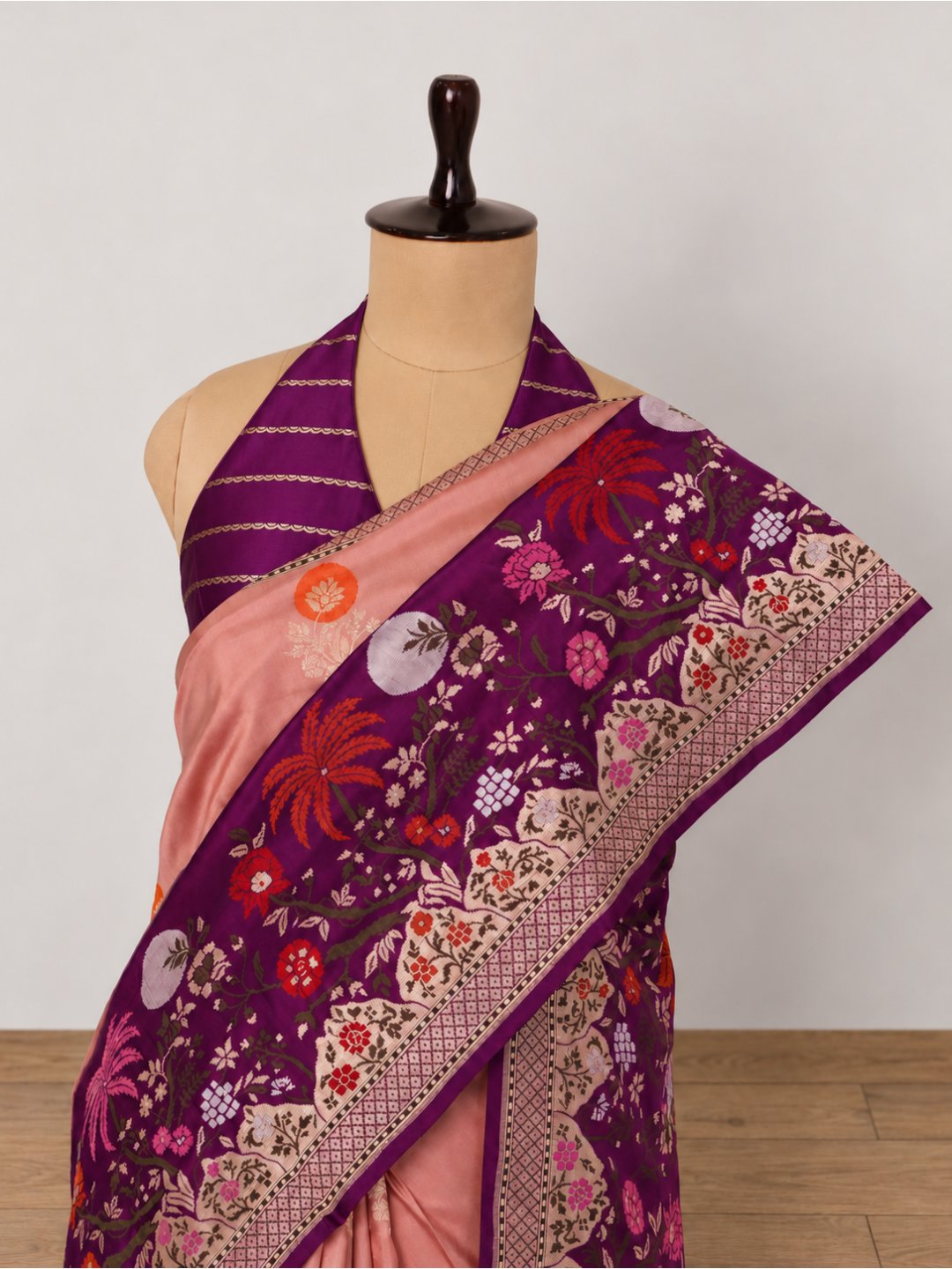 Soft peach-pink body with a rich purple borde Katan Silk Banarasi saree front drape view