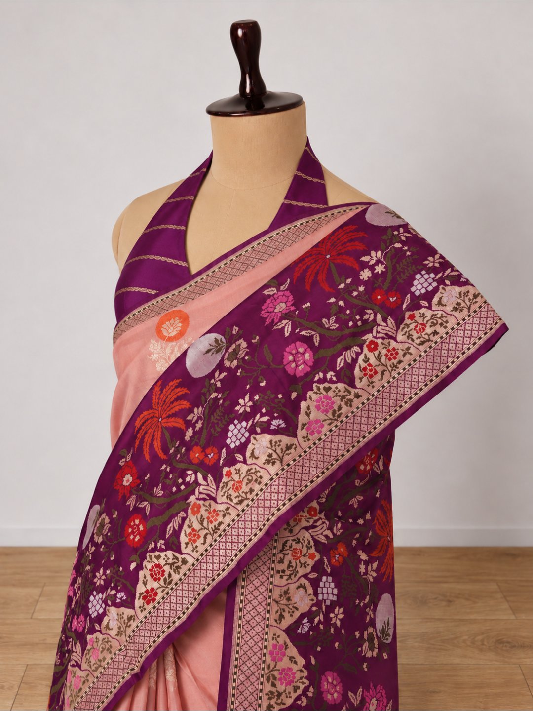 Soft peach-pink body with a rich purple borde Katan Silk Banarasi saree pallu detail