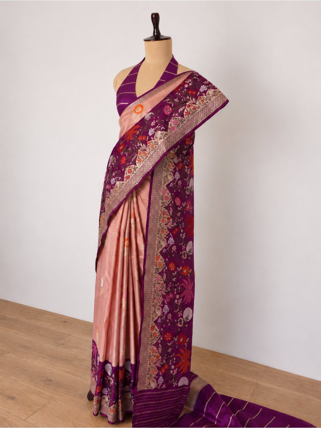 Soft peach-pink body with a rich purple borde Katan Silk Banarasi saree zari work detail